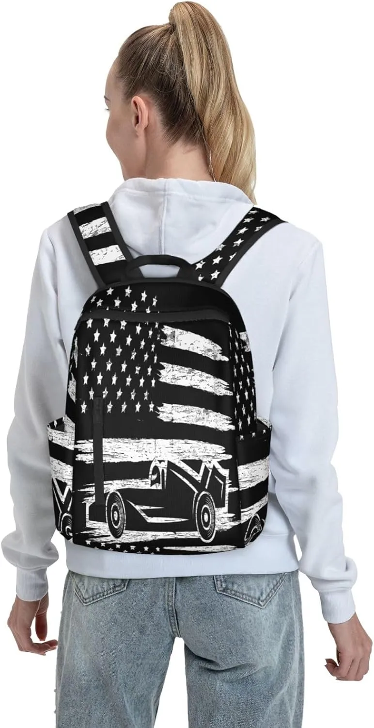 Race Car American Flag Casual Backpacks Laptop Backpack Outdoor Travel Rucksack Sport Carry-On Daypack Lightweight Bag with Multi-Pockets