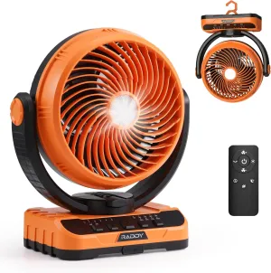 Raddy CF5 Rechargeable Camping Fan with LED Light & Remote, 40,000mAh Battery, 5 Speeds, Auto Oscillation, USB-C Charging, Hanging Hook, 3 Light Modes for Tent, RV, Outdoor & Emergency