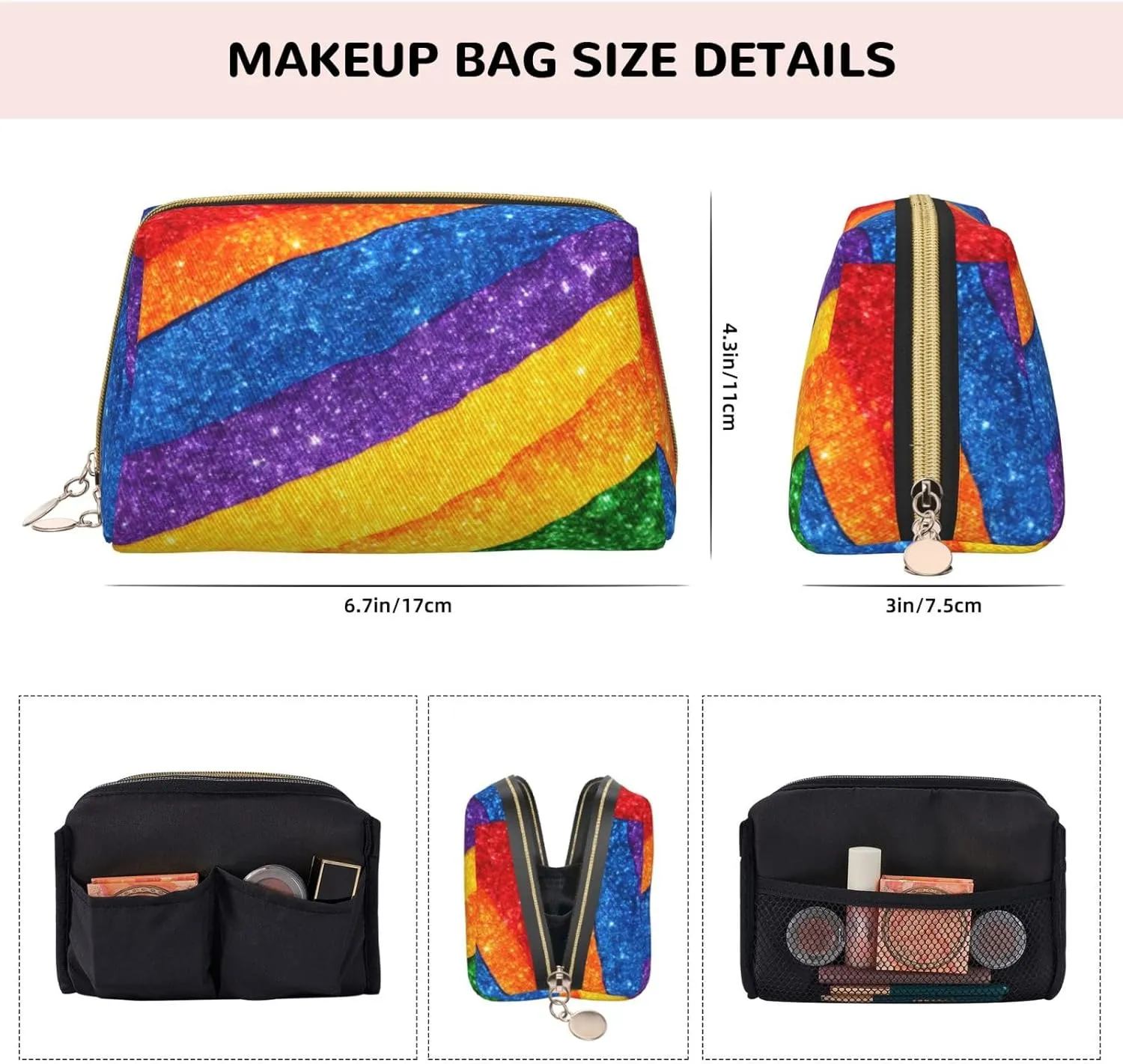 Rainbow Stripes Toiletry Pouch, Travel-Friendly Makeup Organizer For Makeup Brushes, Lipsticks