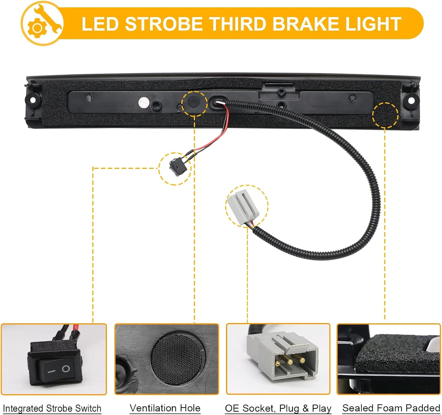 R&F Auto F1 Style Strobe LED Third Brake Light Replacement for F150 (1997-2003), F150 Heritage (2004) Roof Cargo Lights High Mount Stop Lamp with Seal Foam Gaskets (Smoked Lens)
