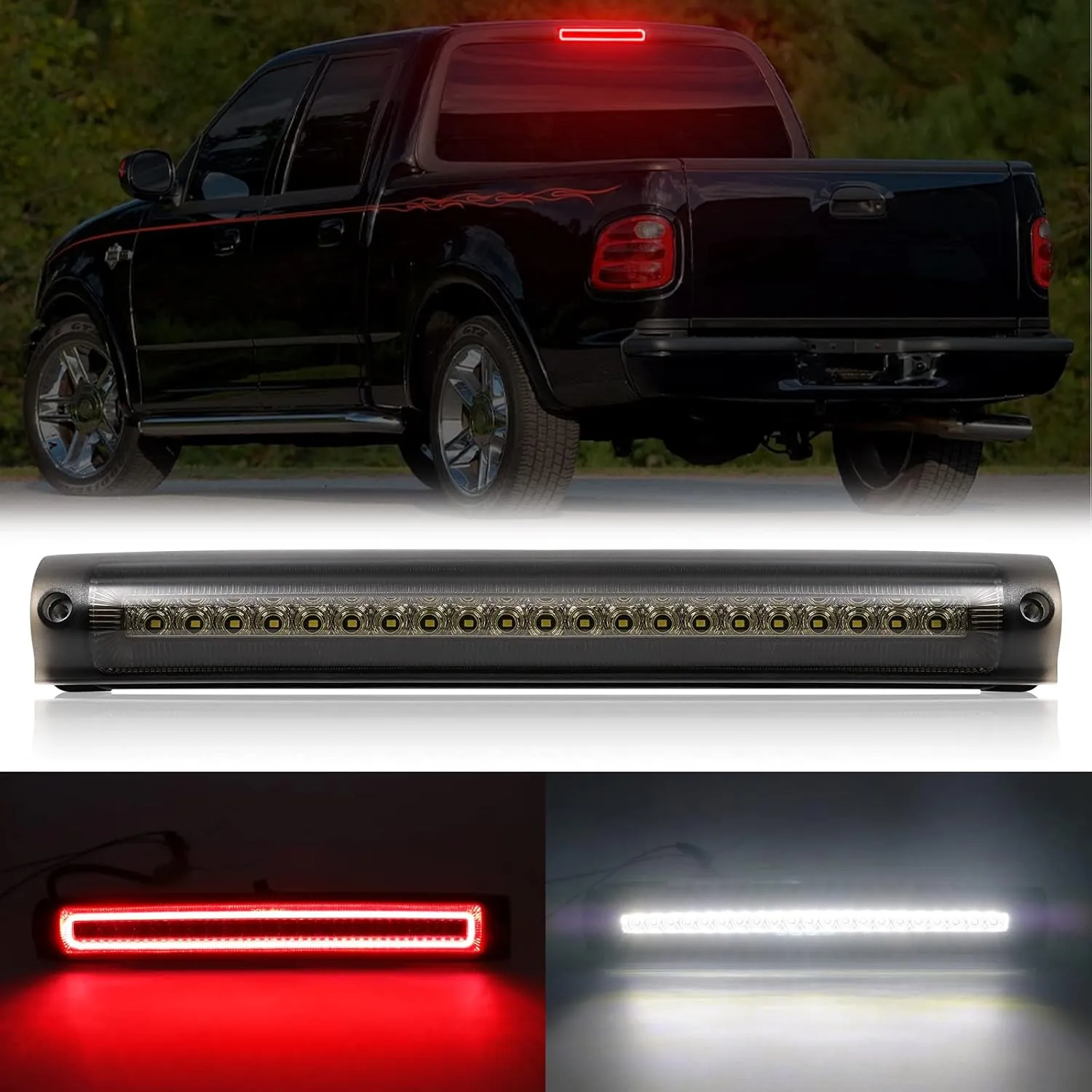 R&F Auto F1 Style Strobe LED Third Brake Light Replacement for F150 (1997-2003), F150 Heritage (2004) Roof Cargo Lights High Mount Stop Lamp with Seal Foam Gaskets (Smoked Lens)
