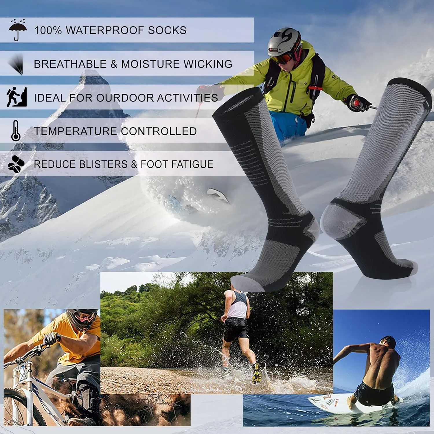 RANDY SUN Merino Wool Waterproof Socks, Men Women Knee High Breathable Hiking Running Socks 1 Pair
