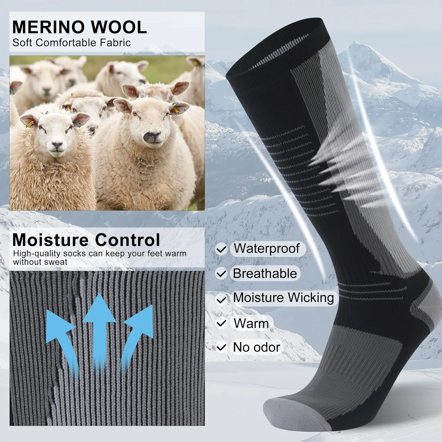 RANDY SUN Merino Wool Waterproof Socks, Men Women Knee High Breathable Hiking Running Socks 1 Pair