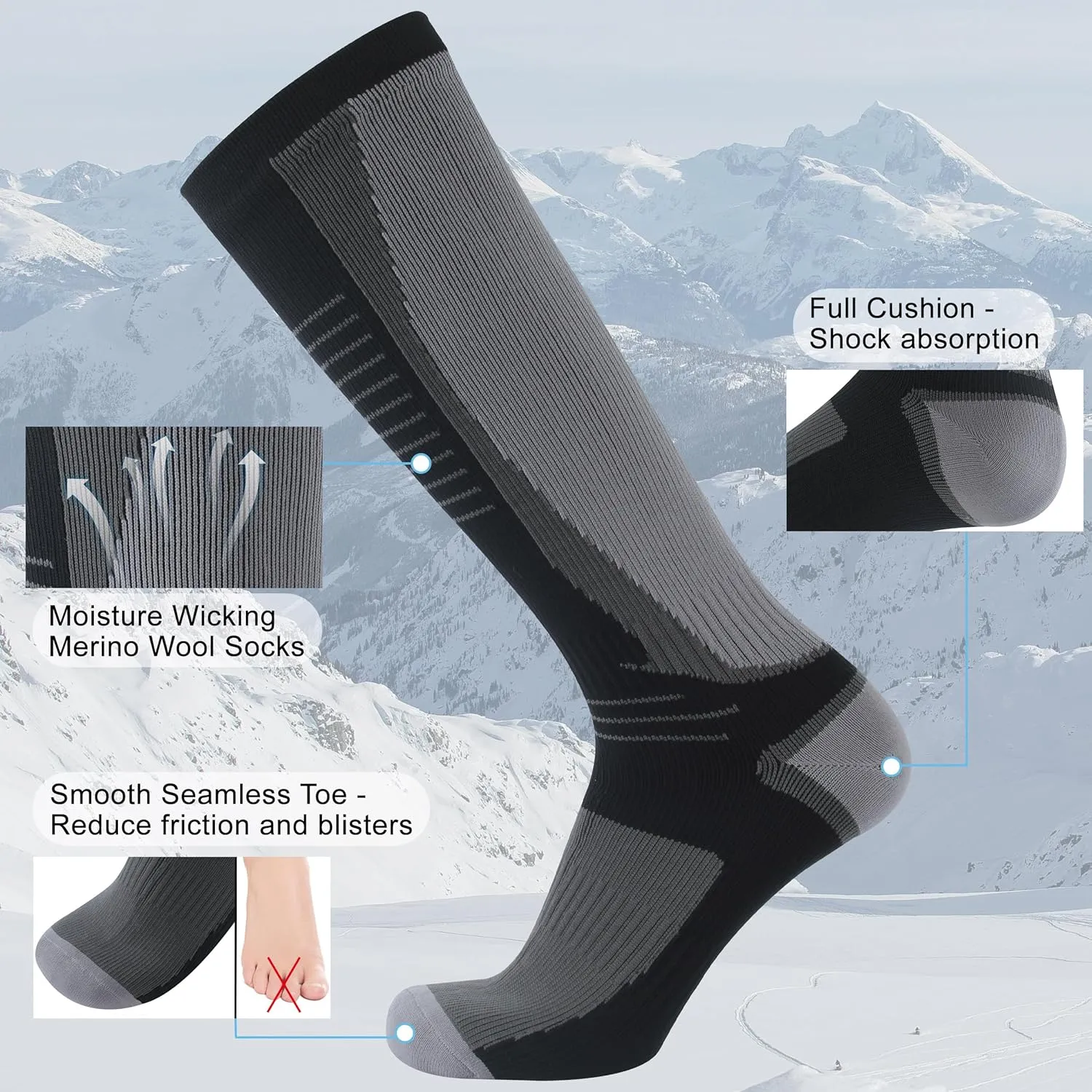 RANDY SUN Merino Wool Waterproof Socks, Men Women Knee High Breathable Hiking Running Socks 1 Pair