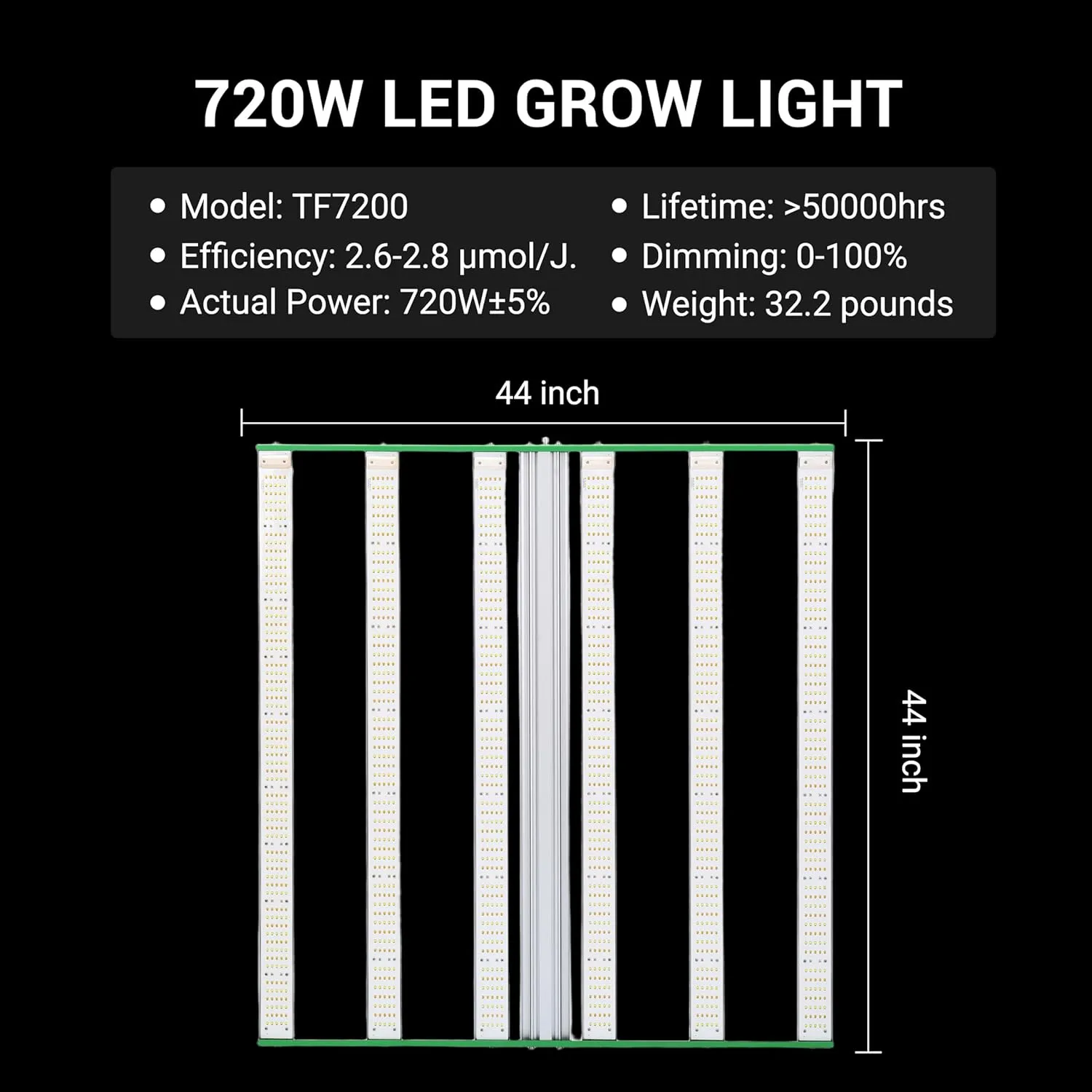 RDJ Bouns 720W LED Grow Light for 4x4 Grow Tent, Wide Body 6 Bar 100V-277V LM281B  and EPI Diodes, Full Spectrum, Overall Size 44" x 44", Daisy Chain Dimmable, Perfect for Indoor Garden