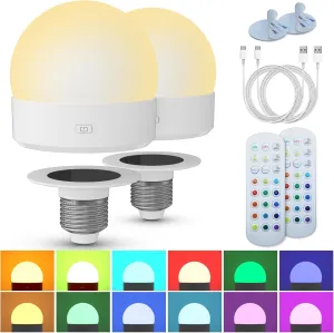 Rechargeable Battery Night Light Bulb: 3000mAh LED Bulb with Remote Control for Lamp, Wireless E26 USB Puck Light 400LM with Timer, 3 Color Temperature 12 RGB Color, Magnetic Camping Outdoor , 2pcs
