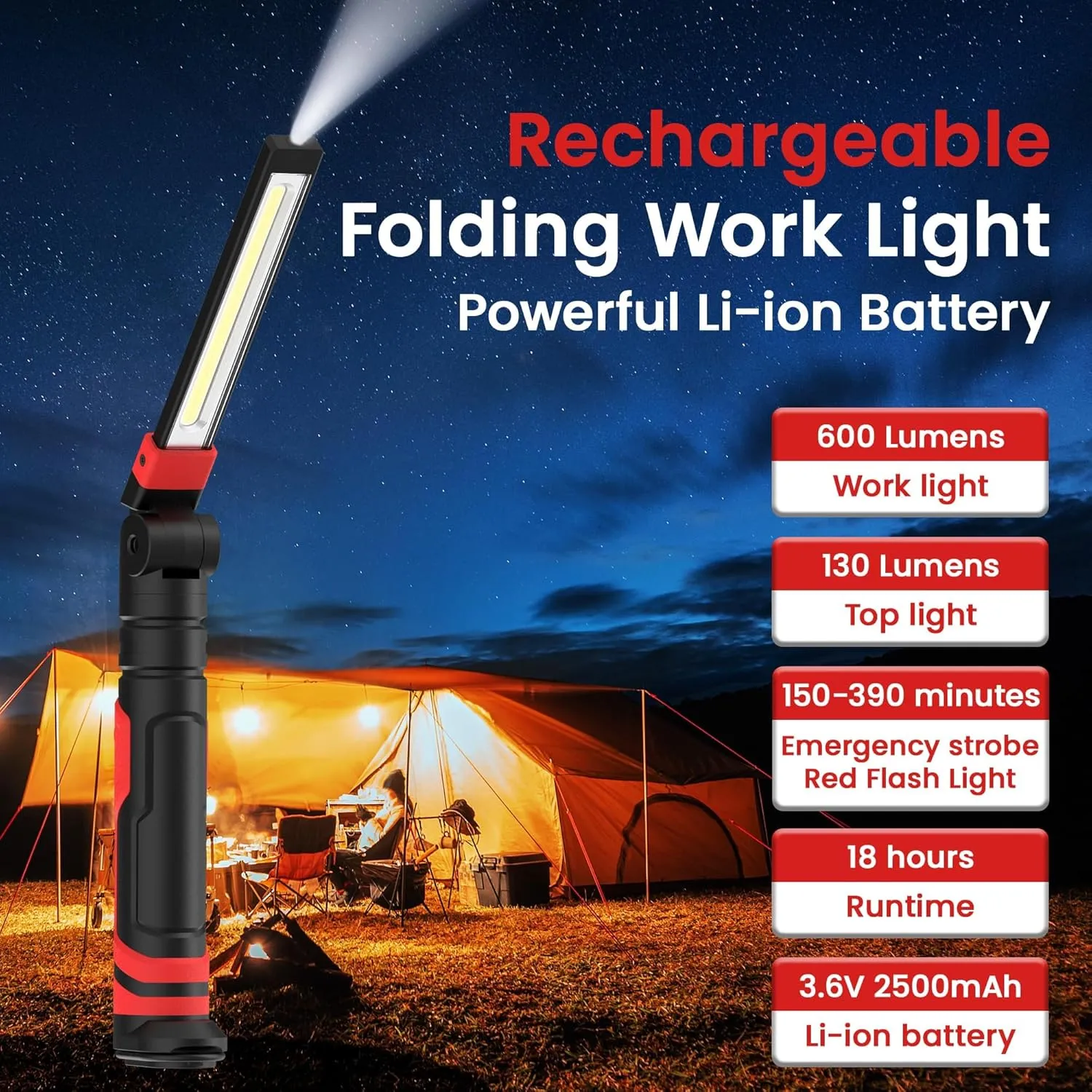 Rechargeable Work Light 2500mAh Magnetic LED Work Light Foldable Flashlight with Hook 3 Lighting Modes Mechanic Light Portable Outdoor Lamp for Car Repair, Home, Garage, Emergency