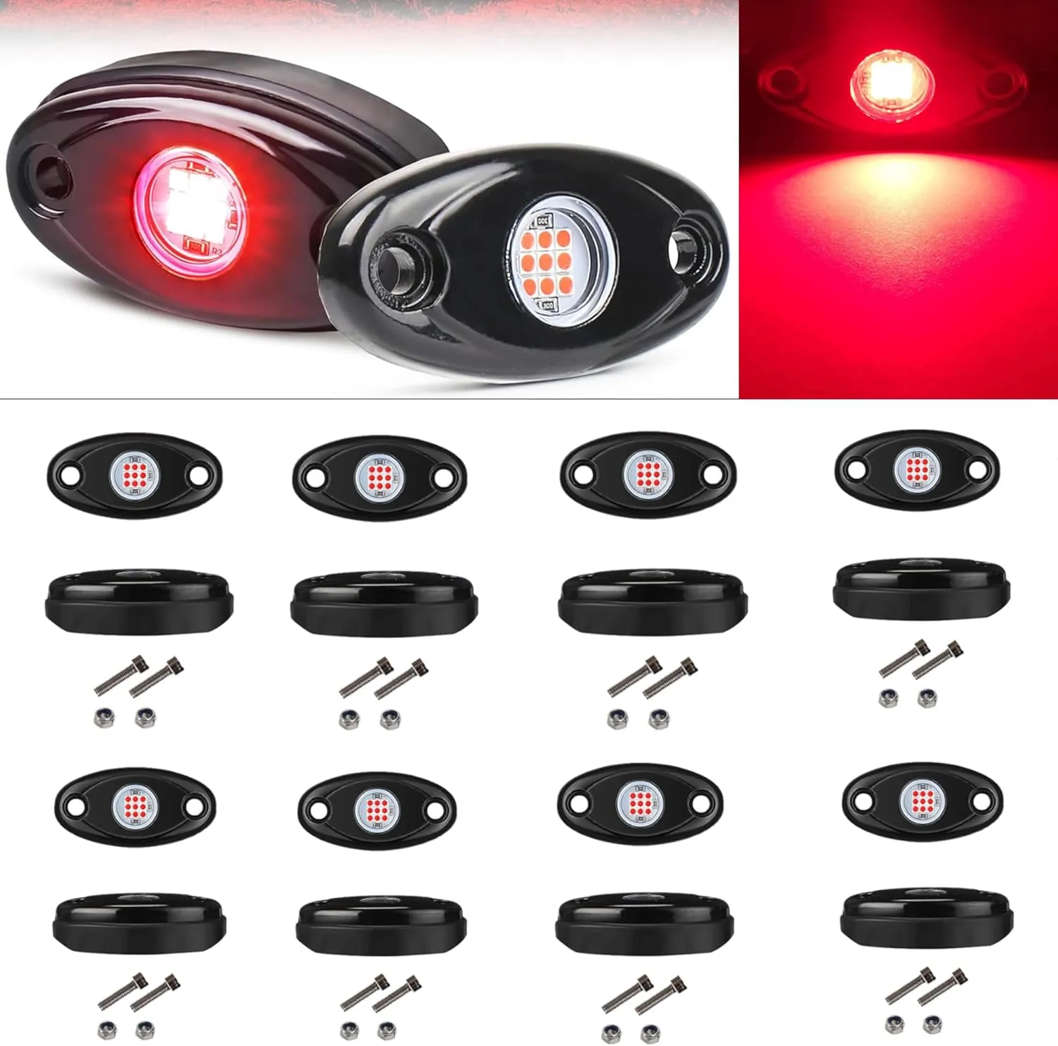 Red Rock Light 12pods 6000k Pure Red Led Rocks Lights Kit Ip68 Waterproof 47inch Extension Wires for ATV Rv Utv SUV Offroad Pickup Trucks Golf Boat Cars Trailers Fender Underglow Lighting (Red)