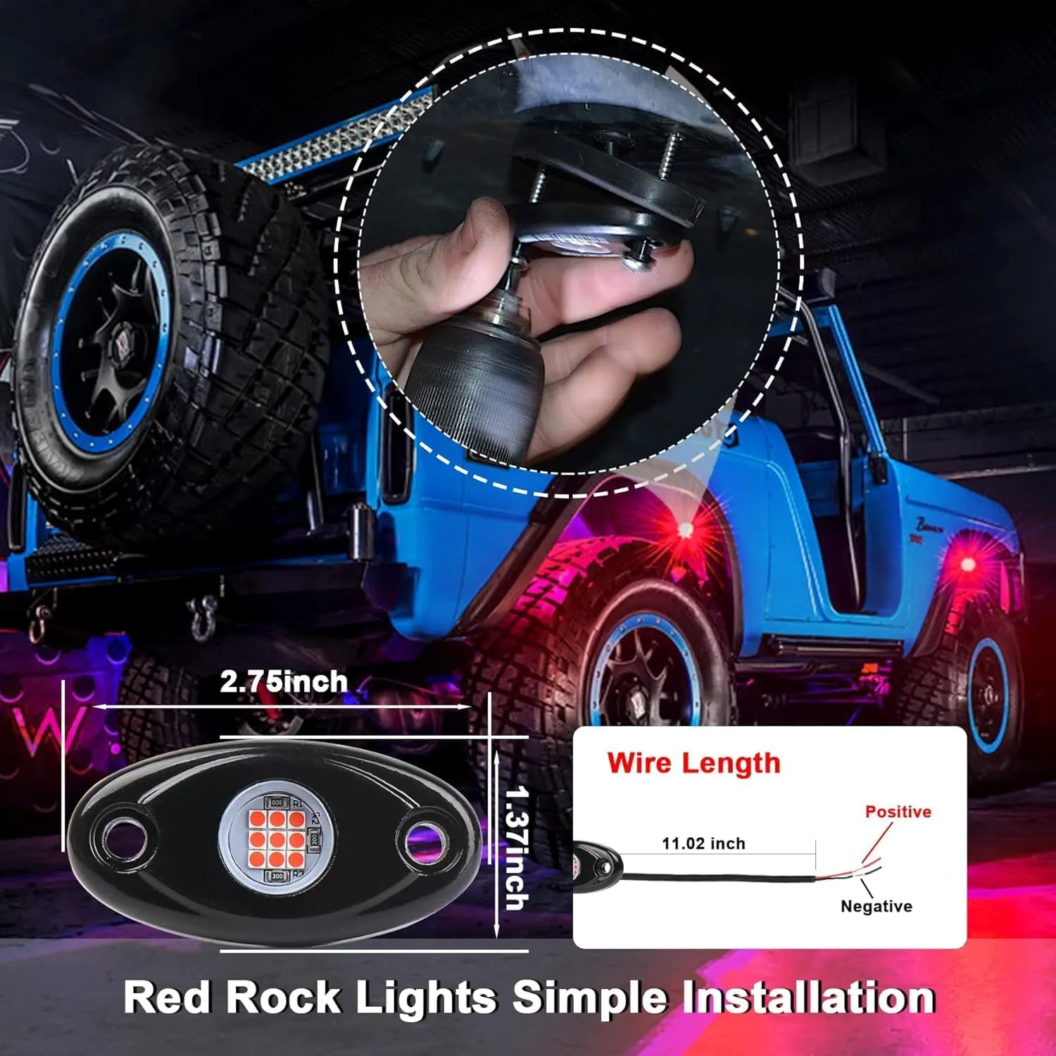 Red Rock Light 12pods 6000k Pure Red Led Rocks Lights Kit Ip68 Waterproof 47inch Extension Wires for ATV Rv Utv SUV Offroad Pickup Trucks Golf Boat Cars Trailers Fender Underglow Lighting (Red)