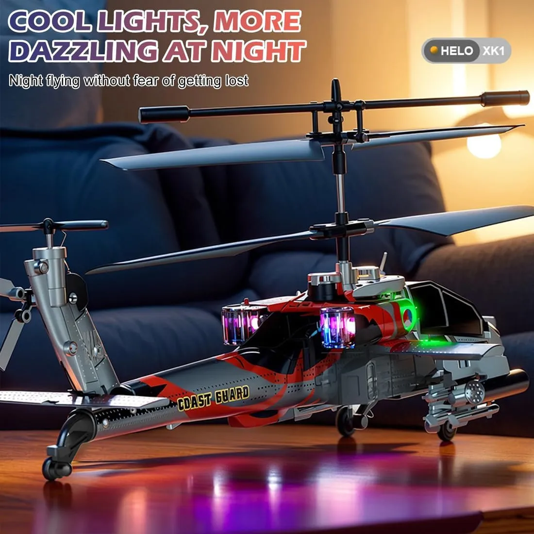 Remote Control Military Flying Helicopter Toy, XK1 3.5CH Altitude Hold Helicopter with Gyro & LED Light, RC Helicopters for Adults Beginner - Platinum/4 Battery