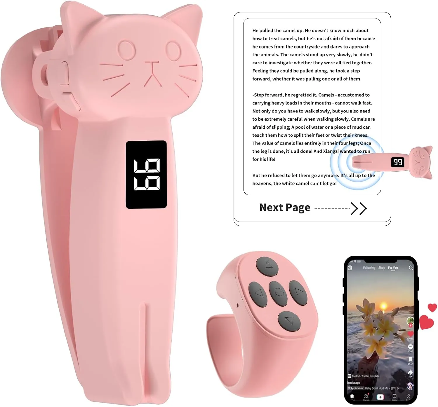 Remote Control Page Turner for Kindle Paperwhite Oasis Kobo Accessories Reading Novels & eReaders Camera with Video Recording Remote Triggers Page Turner Clicker for iPad Android Tablets (Pink)