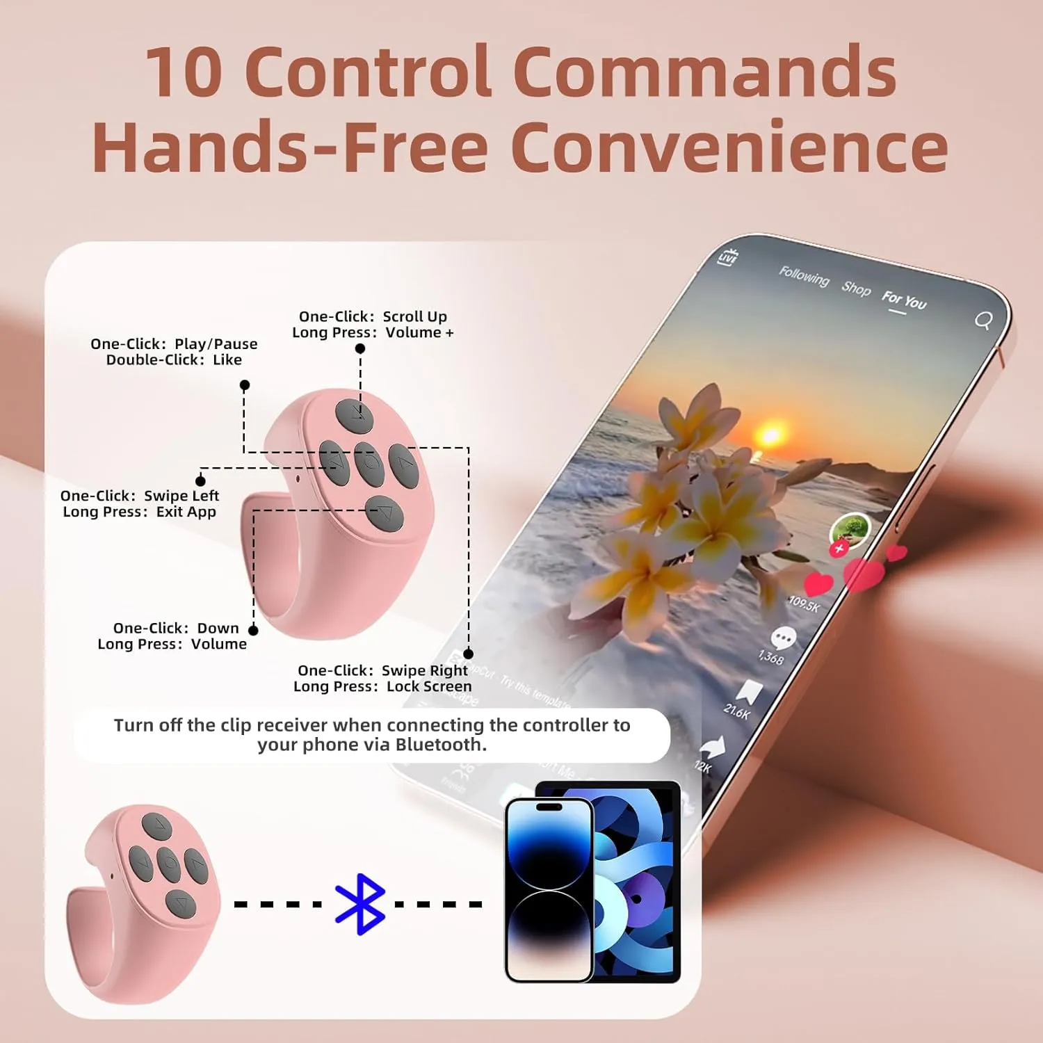 Remote Control Page Turner for Kindle Paperwhite Oasis Kobo Accessories Reading Novels & eReaders Camera with Video Recording Remote Triggers Page Turner Clicker for iPad Android Tablets (Pink)