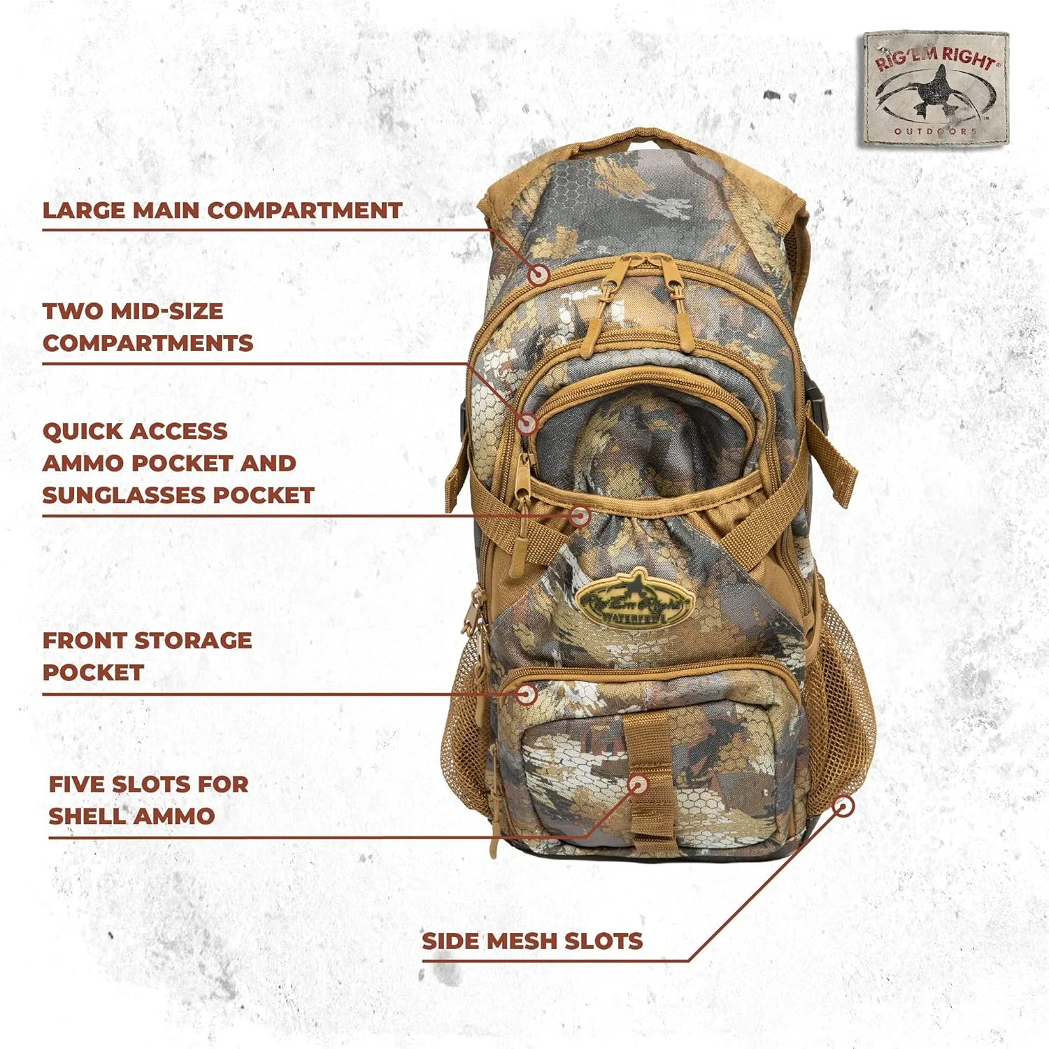 Rig'Em Right Waterfowl Stump Jumper Duck Hunting Blind Backpack with Multi-Layered Padded Shoulder Straps and Back Support, Ammo pockets, Sunglasses Case and More (Mossy Oak Bottom Lands Camo)