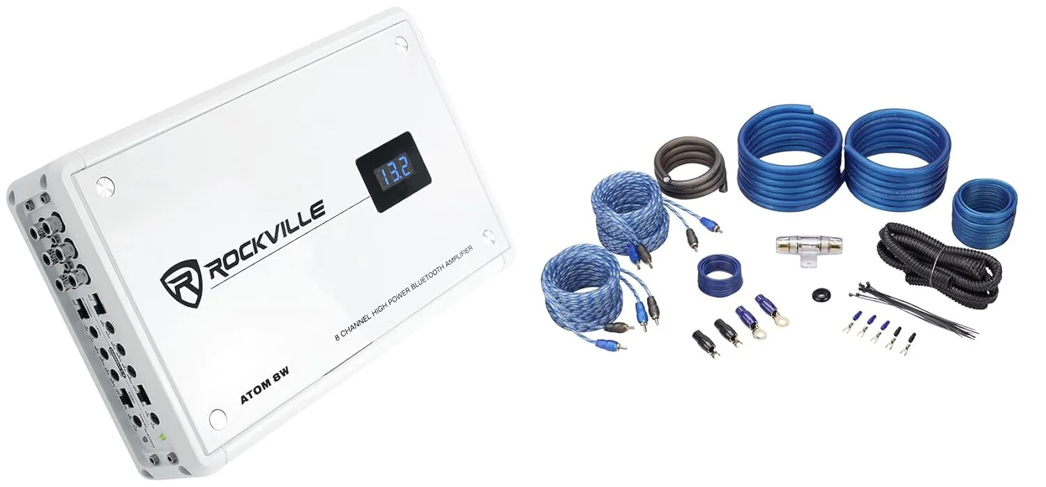 Rockville Atom 8W 8 Channel 3500 Watt Marine/Boat Amplifier Bundle with Rockville RWK42 4 Gauge 4 Chan Car Amp Wiring Installation Wire Kit (3 Items)