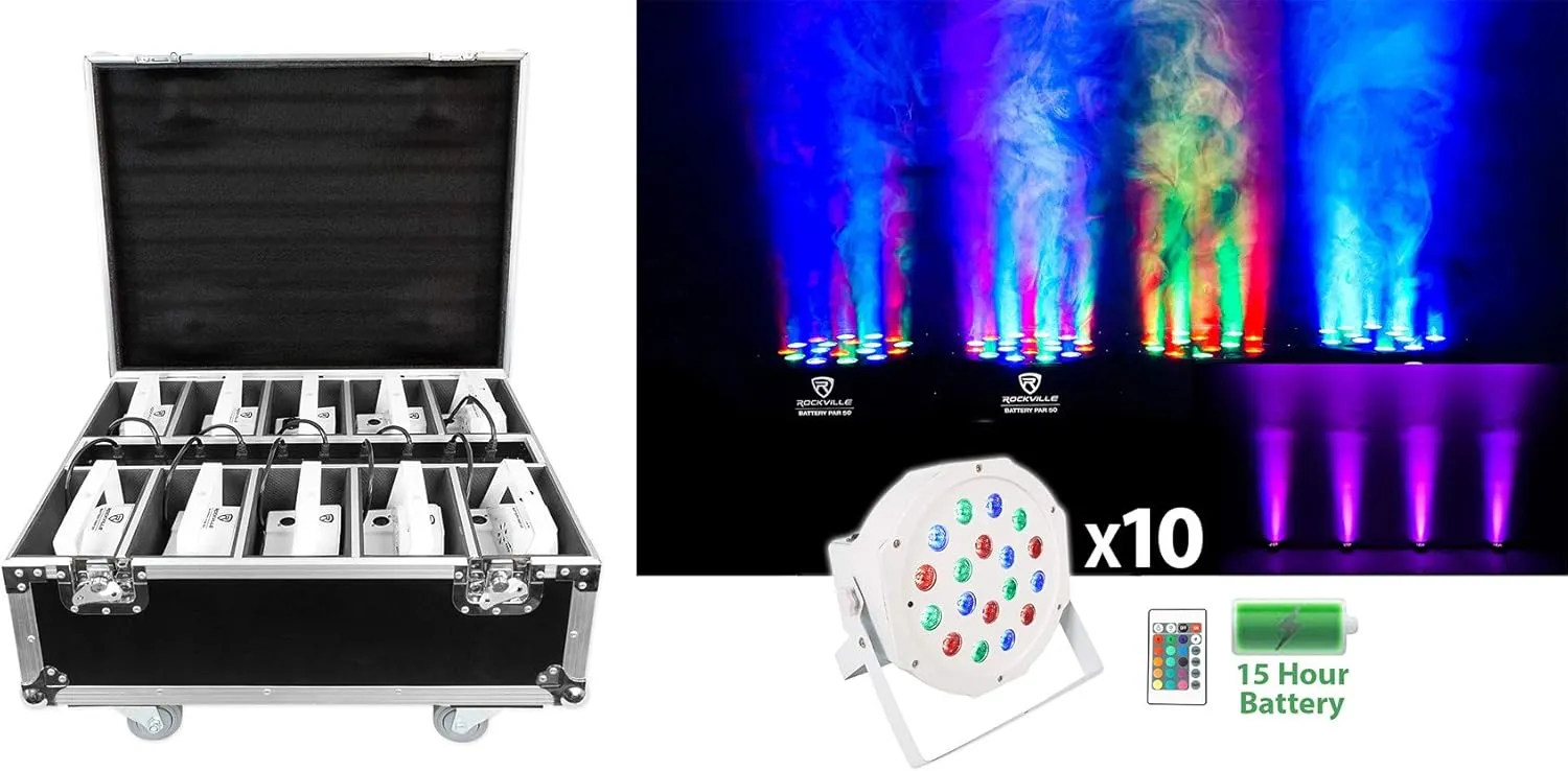 Rockville Battery PAR 50 Pack White, 10 Pack Rechargeable RGB Wash Lights with Charging Flight Case, Includes RF Remote, 10 Hour Battery Life, Perfect for Events, Parties & DJ Gigs