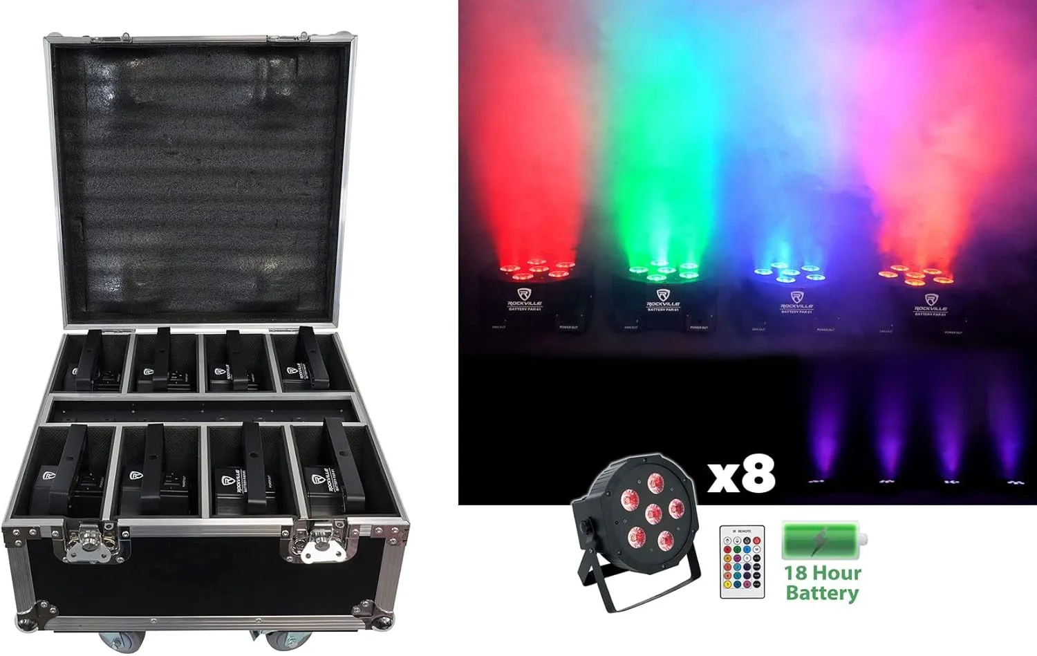 Rockville Battery PAR 61 Pack Black, 8 Pack Rechargeable RGBWA UV Wash Lights with Charging Flight Case, Includes Remote, 15 Hours Battery Life, Perfect for Events, Parties & DJ Gigs