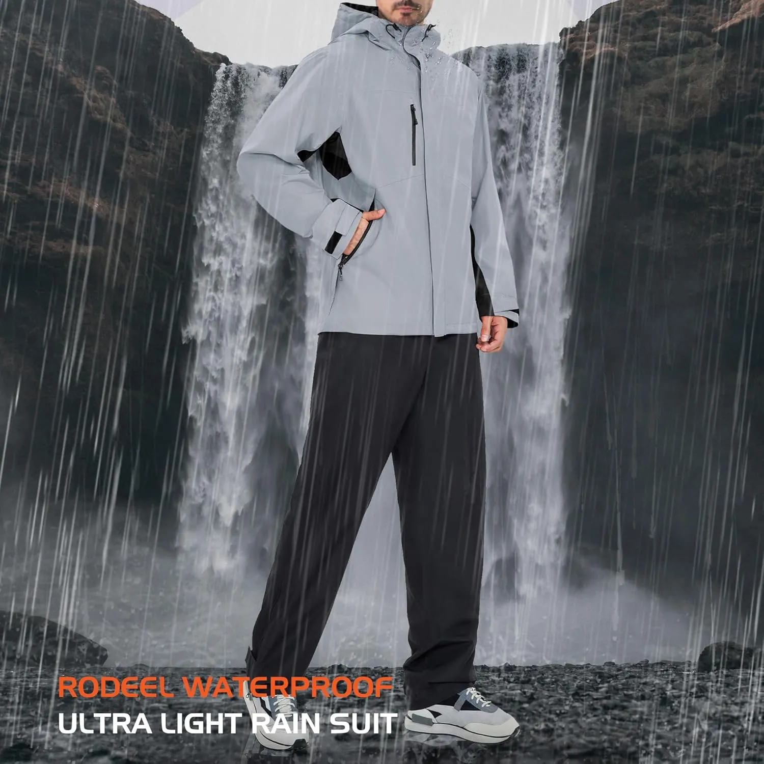 Rodeel Waterproof Fishing Rain Coat and Pant Suit for Men Outdoor Hiking (Rain Gear Jacket & Trouser Suit)