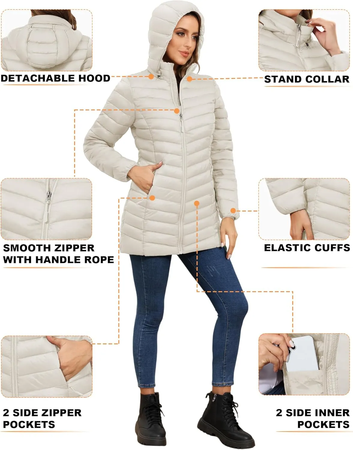 ROYAL MATRIX Women's Packable Puffer Jacket - Lightweight Winter Warm Long Quilted Puffer Coat with Detachable Hood