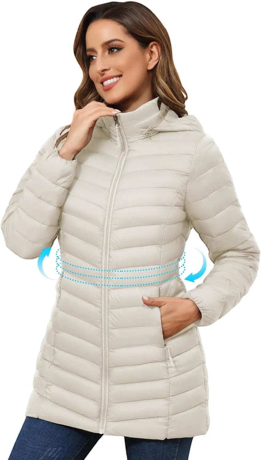 ROYAL MATRIX Women's Packable Puffer Jacket - Lightweight Winter Warm Long Quilted Puffer Coat with Detachable Hood