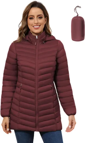 ROYAL MATRIX Women's Packable Puffer Jacket - Lightweight Winter Warm Long Quilted Puffer Coat with Detachable Hood