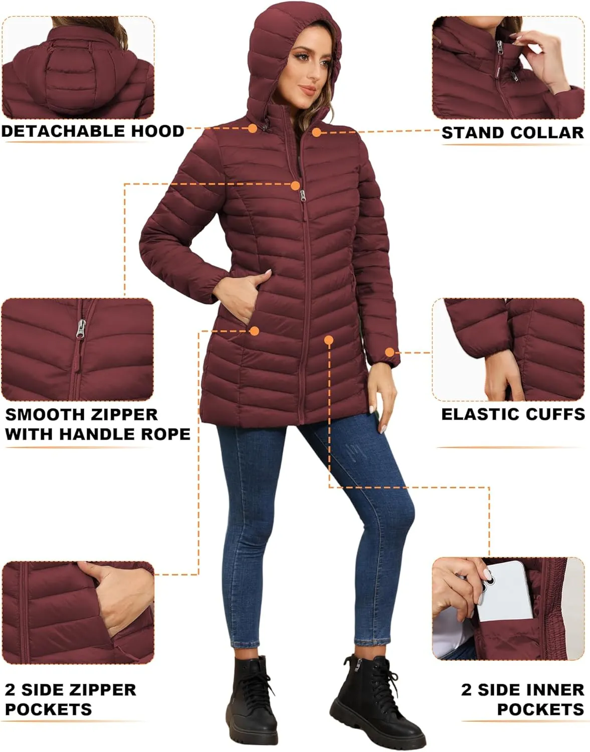 ROYAL MATRIX Women's Packable Puffer Jacket - Lightweight Winter Warm Long Quilted Puffer Coat with Detachable Hood