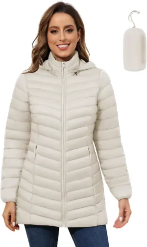 ROYAL MATRIX Women's Packable Puffer Jacket - Lightweight Winter Warm Long Quilted Puffer Coat with Detachable Hood