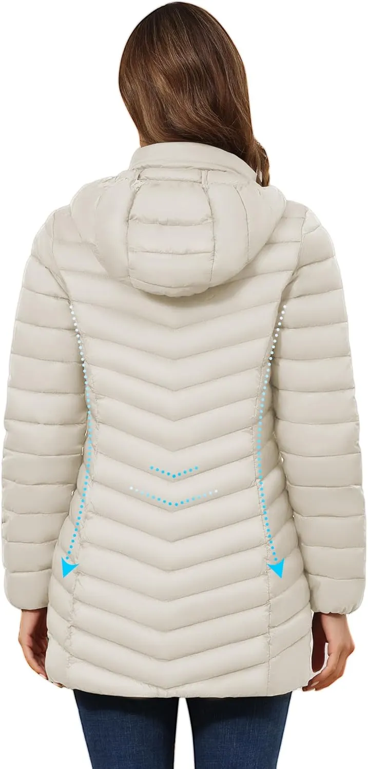 ROYAL MATRIX Women's Packable Puffer Jacket - Lightweight Winter Warm Long Quilted Puffer Coat with Detachable Hood