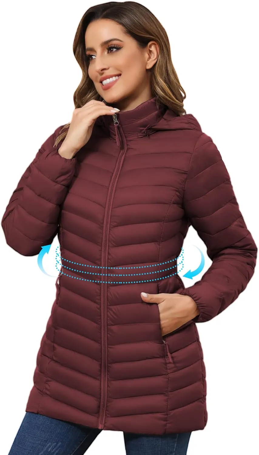 ROYAL MATRIX Women's Packable Puffer Jacket - Lightweight Winter Warm Long Quilted Puffer Coat with Detachable Hood