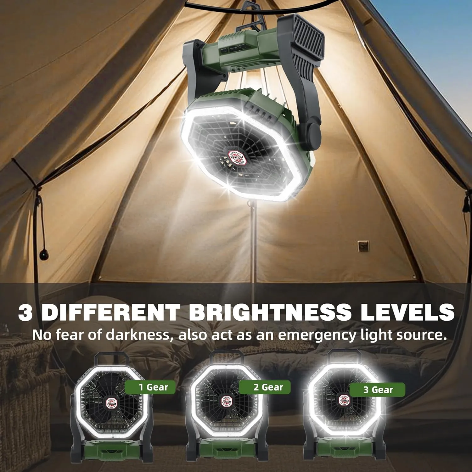 Roykaw Portable Camping Fan with 10400 mAh Rechargeable Battery, 36 Hrs Work, Ultra-bright LED Light & Cordless, Fit for Tent, Fishing, Bedroom, Office, Hurricane