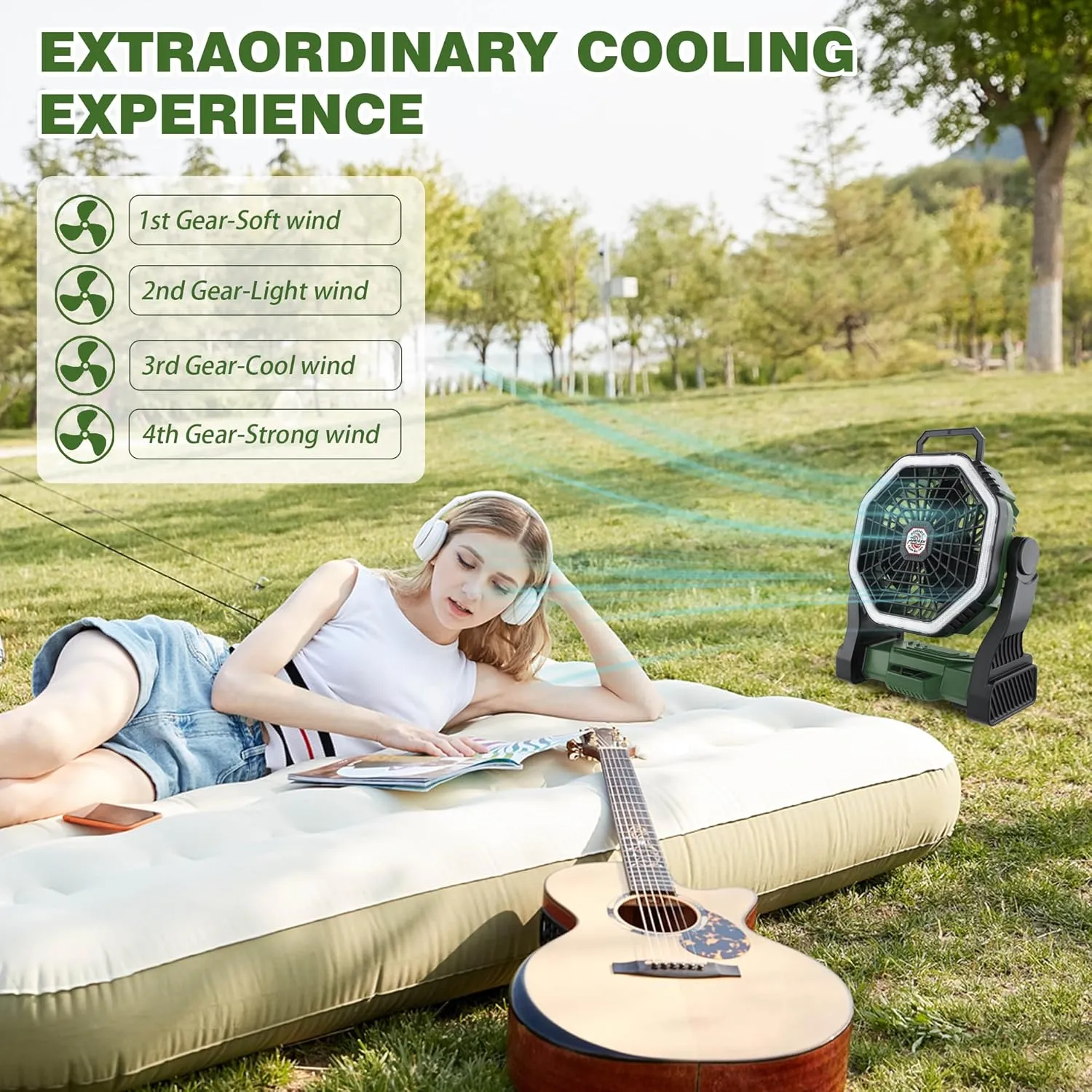 Roykaw Portable Camping Fan with 10400 mAh Rechargeable Battery, 36 Hrs Work, Ultra-bright LED Light & Cordless, Fit for Tent, Fishing, Bedroom, Office, Hurricane