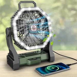 Roykaw Portable Camping Fan with 10400 mAh Rechargeable Battery, 36 Hrs Work, Ultra-bright LED Light & Cordless, Fit for Tent, Fishing, Bedroom, Office, Hurricane