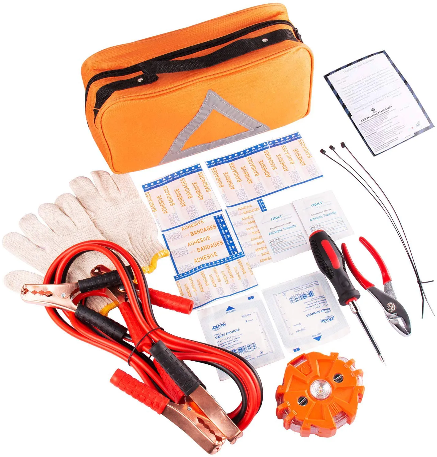 Rynx | Emergency Assistance Safety Set - First Aid Kit, Jumper Cables, LED Warning Light, Work Gloves, Tools and more