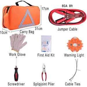 Rynx | Emergency Assistance Safety Set - First Aid Kit, Jumper Cables, LED Warning Light, Work Gloves, Tools and more