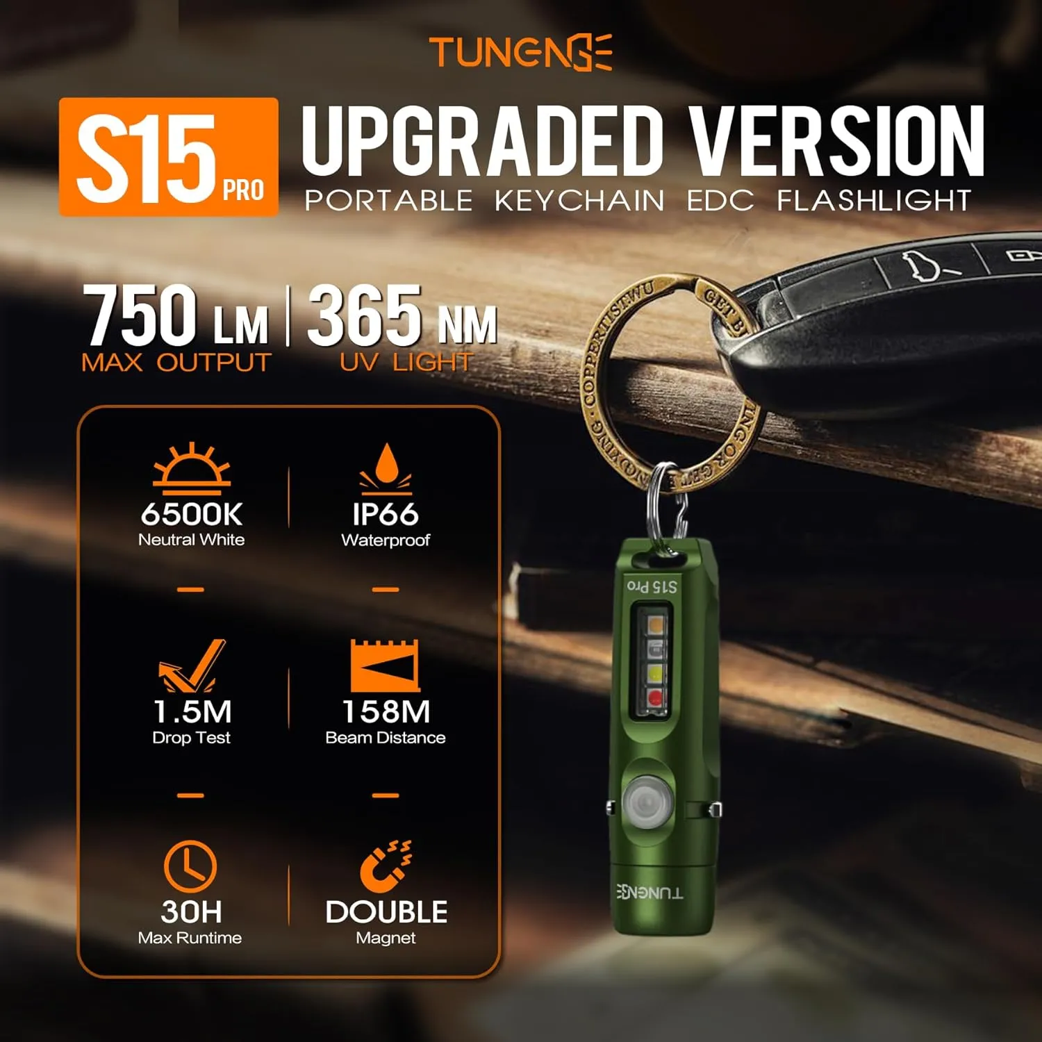 S15Pro Rechargeable Keychain Flashlight,750 High Lumen EDC Pocket Flashlight with Clip,Multifunction Mini COB Light and 365nmUV- 11 Lighting Modes, Tail Magnet, Flash Light(Army Green)