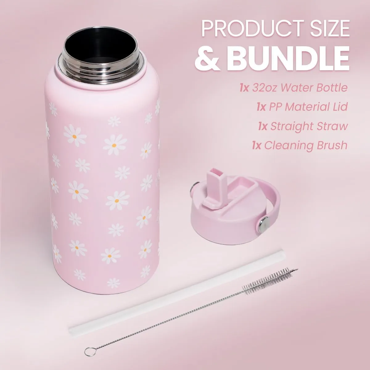 SANDJEST Daisy Water Bottle Stainless Steel 32oz Insulated with Lid, Flower Water Bottles Gifts for Women Girls Friends Teens Birthday Christmas