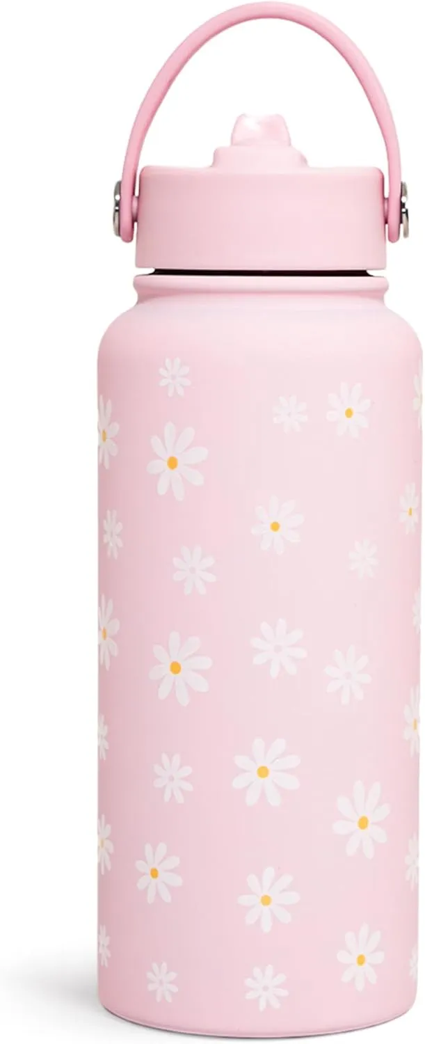 SANDJEST Daisy Water Bottle Stainless Steel 32oz Insulated with Lid, Flower Water Bottles Gifts for Women Girls Friends Teens Birthday Christmas