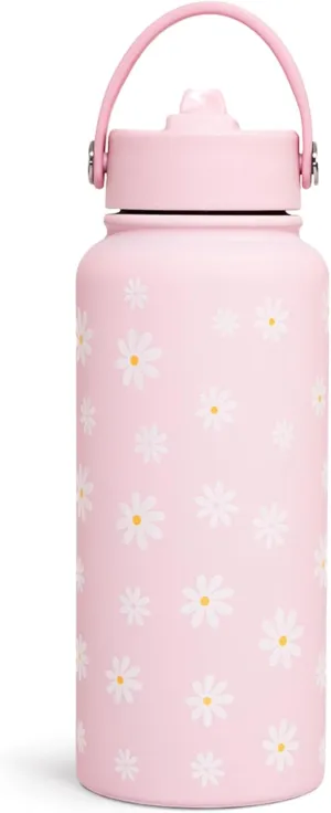 SANDJEST Daisy Water Bottle Stainless Steel 32oz Insulated with Lid, Flower Water Bottles Gifts for Women Girls Friends Teens Birthday Christmas