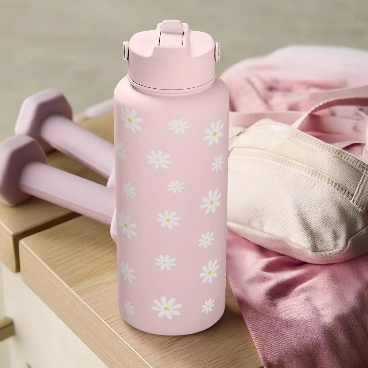 SANDJEST Daisy Water Bottle Stainless Steel 32oz Insulated with Lid, Flower Water Bottles Gifts for Women Girls Friends Teens Birthday Christmas
