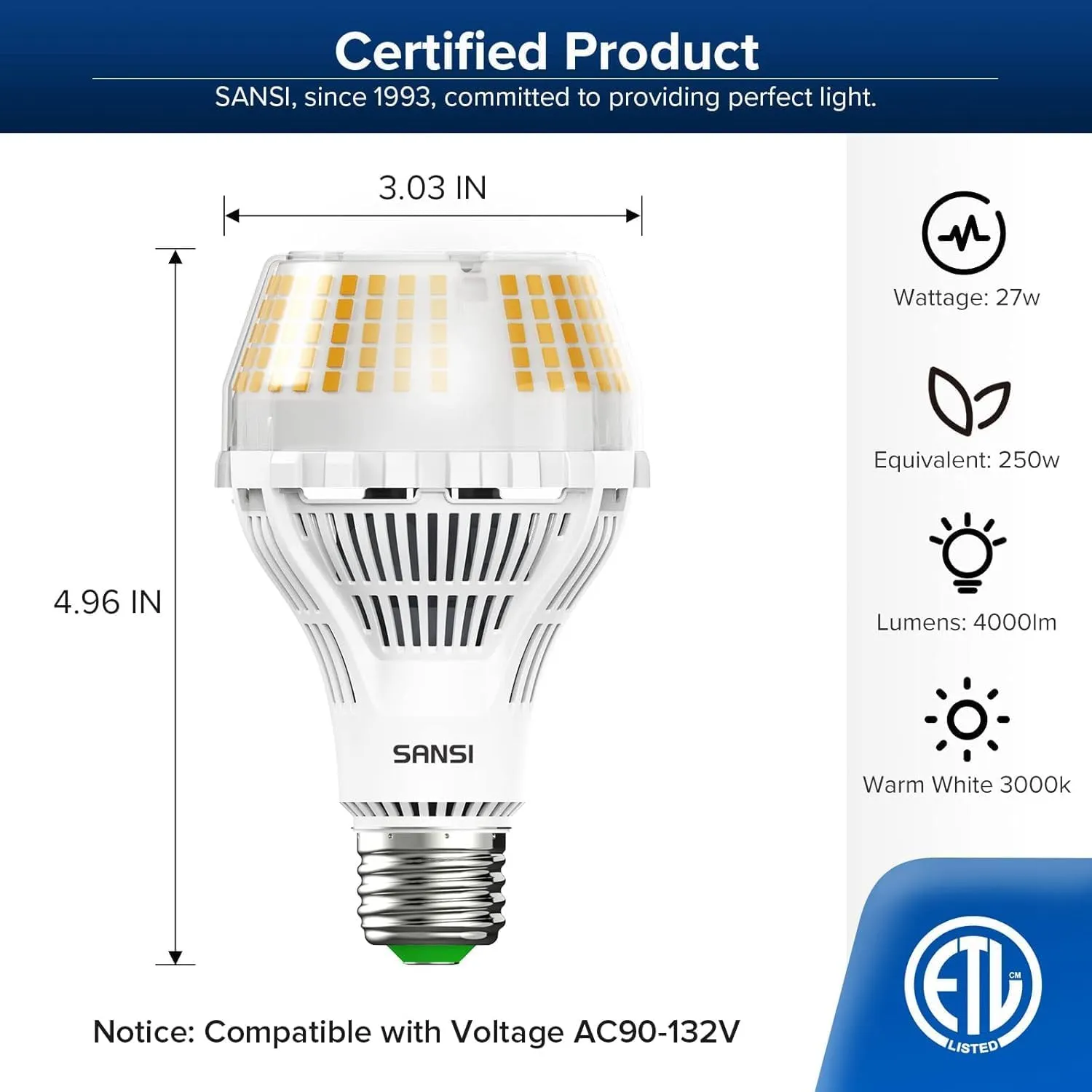 SANSI Dimmable LED Light Bulb 250 Watt Equivalent, 3000K Soft Warm White 4000 Lumens E26 A21 LED Light Bulbs 2 Pack, 22-Year Lifetime, 27W Power Energy Saving Light Bulb for Home Office
