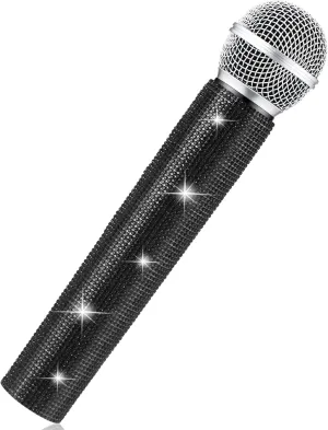 Sanwuta Fake Microphone Prop Sparkly Bling Rhinestones Plastic Play Microphone Pretend Glitter Bedazzled Mic for Cosplay Party Costume(Black)