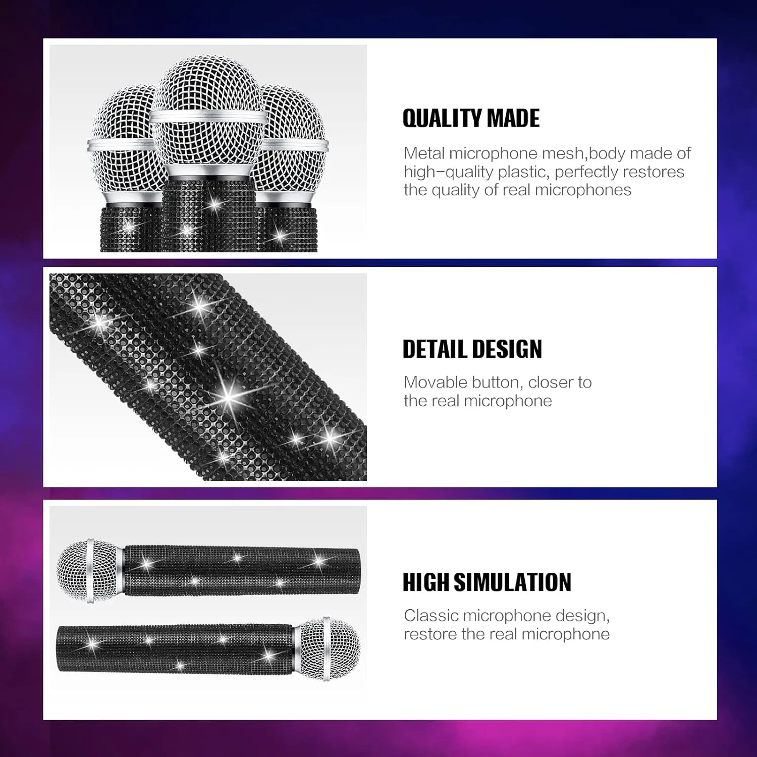 Sanwuta Fake Microphone Prop Sparkly Bling Rhinestones Plastic Play Microphone Pretend Glitter Bedazzled Mic for Cosplay Party Costume(Black)