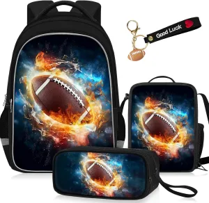 School Backpack for Boys - 4pcs Ameriacn Football Boys Backpack with Lunch Box and Pencil Case for Kids Children Teens Elementary Middle School - Students Bag for Ages 6-18,17″Bookbag Travel Back Pack