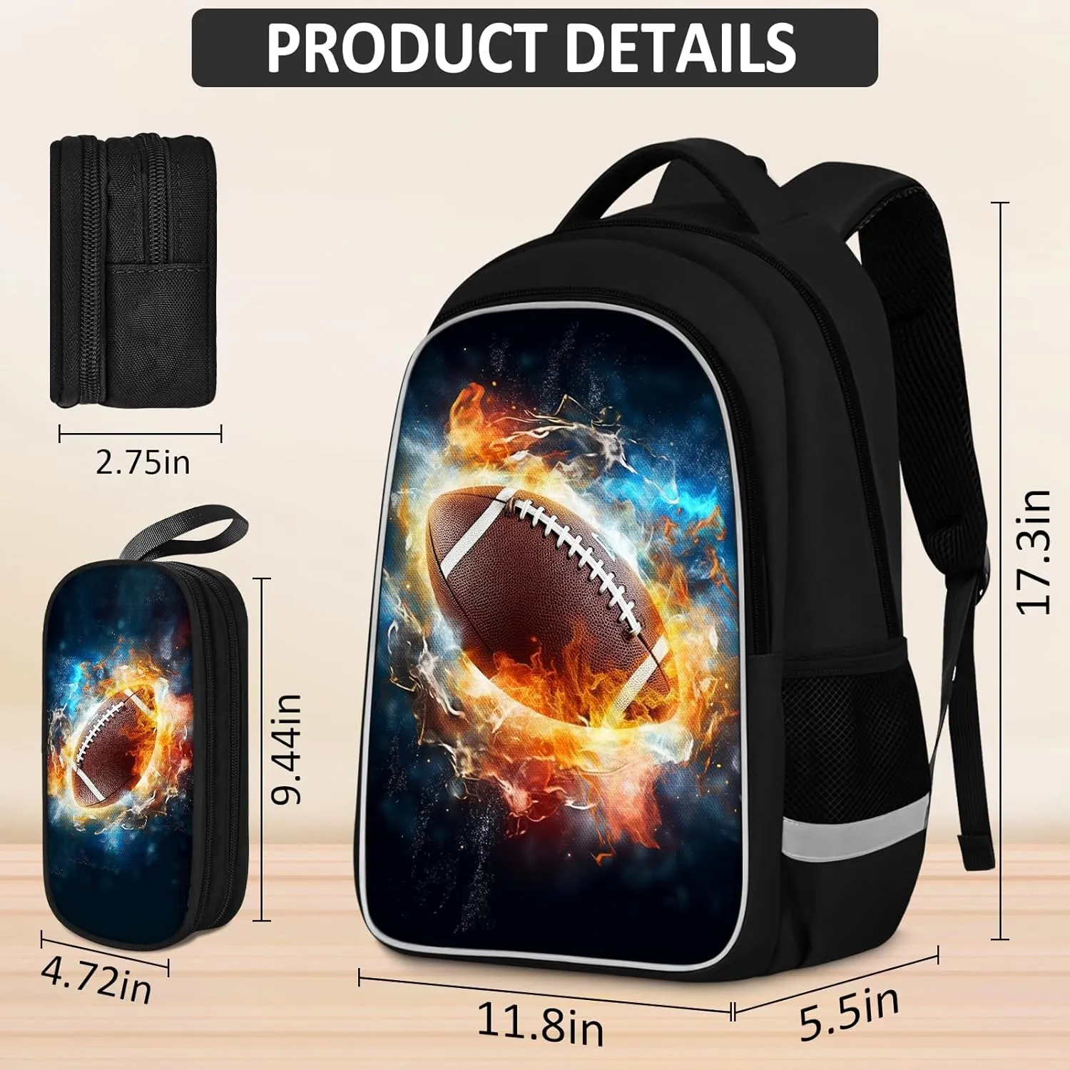 School Backpack for Boys - 4pcs Ameriacn Football Boys Backpack with Lunch Box and Pencil Case for Kids Children Teens Elementary Middle School - Students Bag for Ages 6-18,17″Bookbag Travel Back Pack