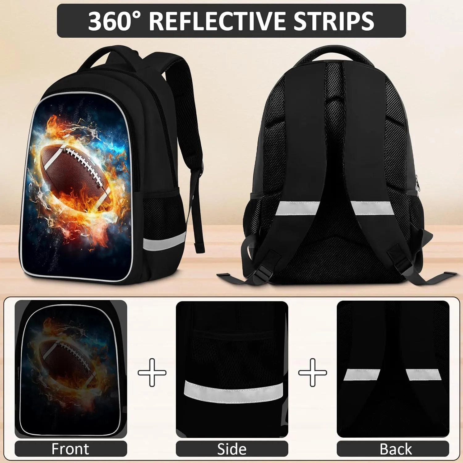 School Backpack for Boys - 4pcs Ameriacn Football Boys Backpack with Lunch Box and Pencil Case for Kids Children Teens Elementary Middle School - Students Bag for Ages 6-18,17″Bookbag Travel Back Pack