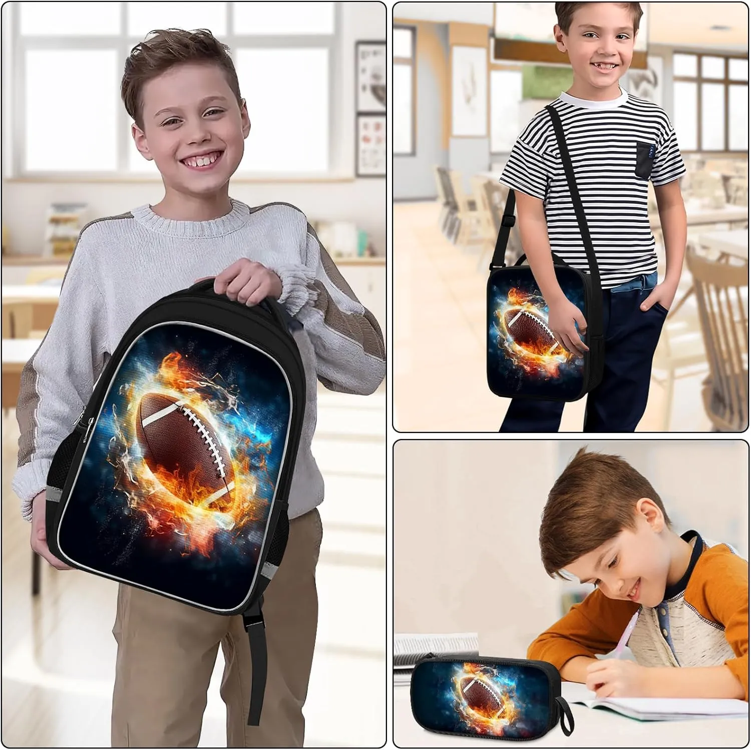 School Backpack for Boys - 4pcs Ameriacn Football Boys Backpack with Lunch Box and Pencil Case for Kids Children Teens Elementary Middle School - Students Bag for Ages 6-18,17″Bookbag Travel Back Pack