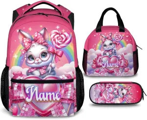 School Backpack Set for Girls, Personalized 3Pcs Bunny School Backpacks Matching Combo for Travel Camping, Custom Cute Lightweight Bookbag with Lunch Bag Bundle for Children Students