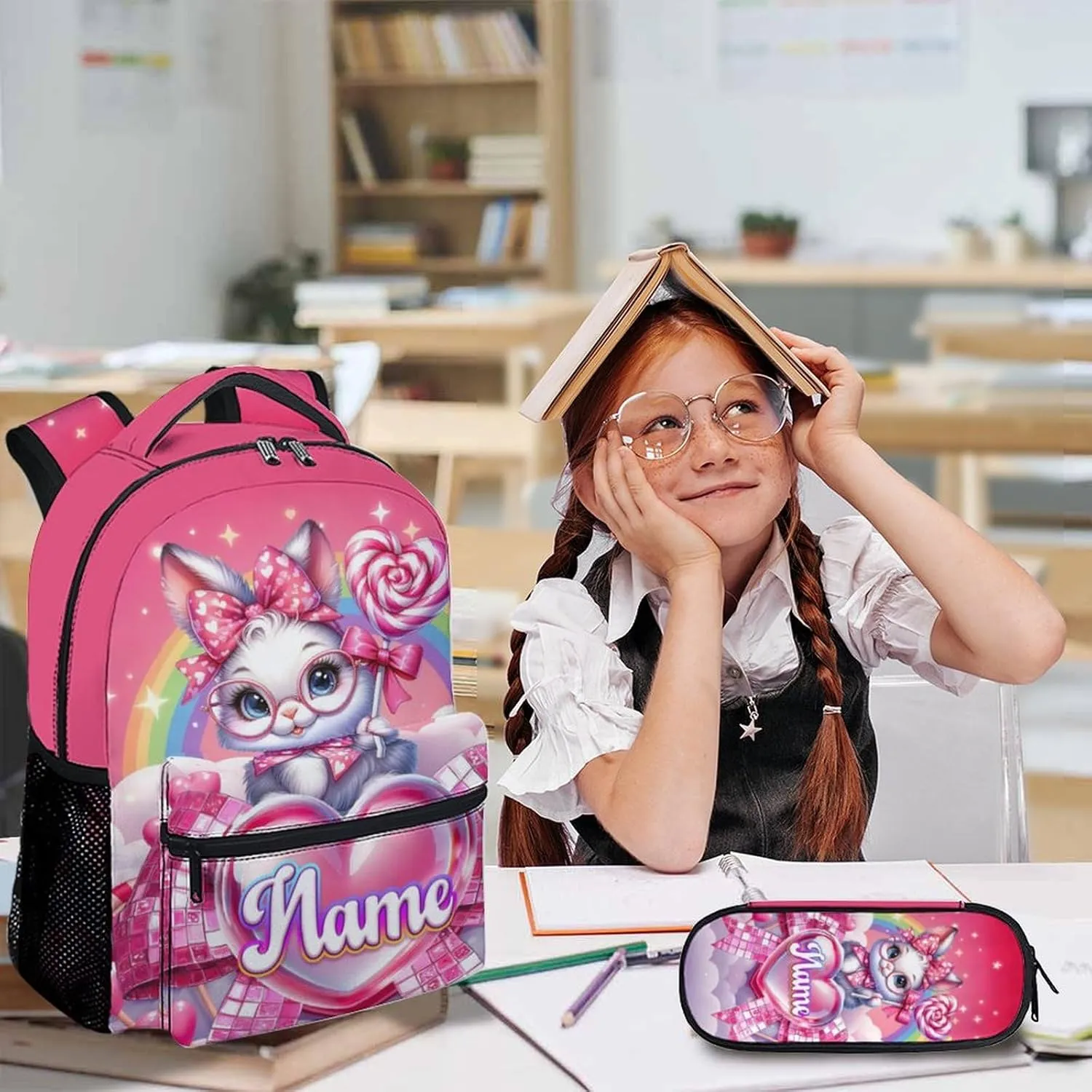 School Backpack Set for Girls, Personalized 3Pcs Bunny School Backpacks Matching Combo for Travel Camping, Custom Cute Lightweight Bookbag with Lunch Bag Bundle for Children Students