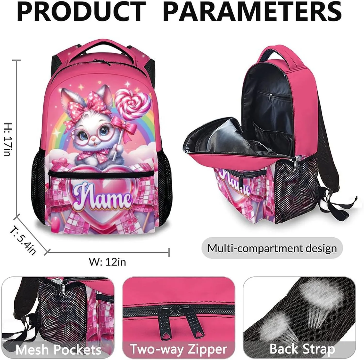 School Backpack Set for Girls, Personalized 3Pcs Bunny School Backpacks Matching Combo for Travel Camping, Custom Cute Lightweight Bookbag with Lunch Bag Bundle for Children Students