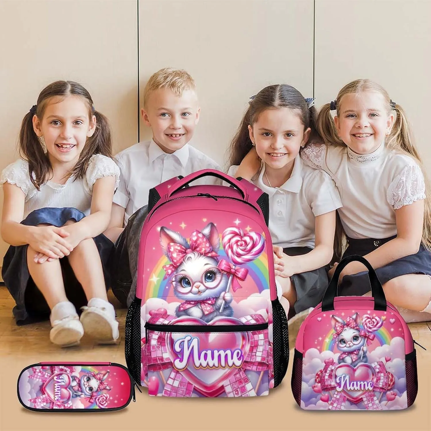 School Backpack Set for Girls, Personalized 3Pcs Bunny School Backpacks Matching Combo for Travel Camping, Custom Cute Lightweight Bookbag with Lunch Bag Bundle for Children Students