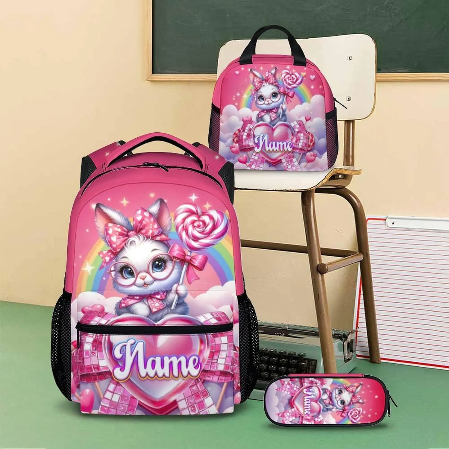 School Backpack Set for Girls, Personalized 3Pcs Bunny School Backpacks Matching Combo for Travel Camping, Custom Cute Lightweight Bookbag with Lunch Bag Bundle for Children Students